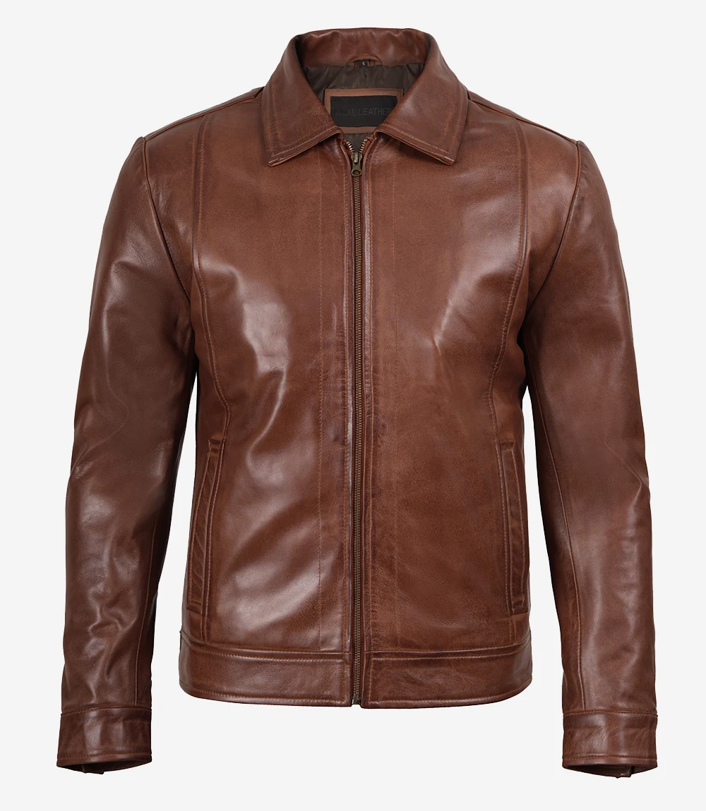 Reeves Men's Harrington Cognac Real Leather Jacket