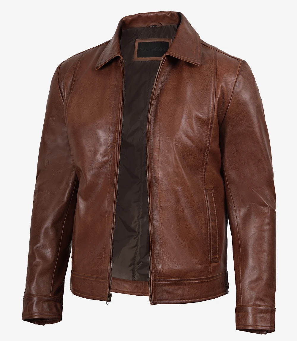 Reeves Men's Harrington Cognac Real Leather Jacket