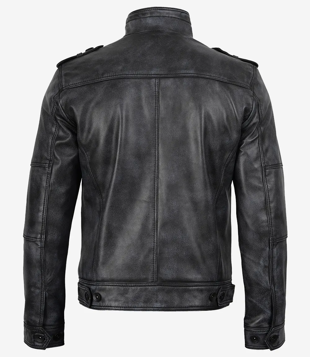 Men's Real Leather Distressed Black Biker Style Jacket