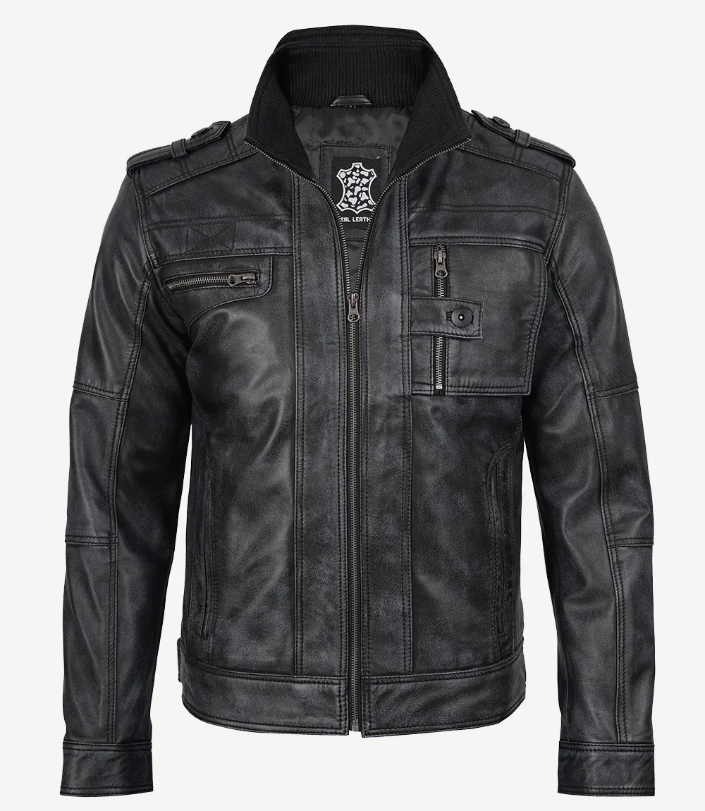 Men's Real Leather Distressed Black Biker Style Jacket