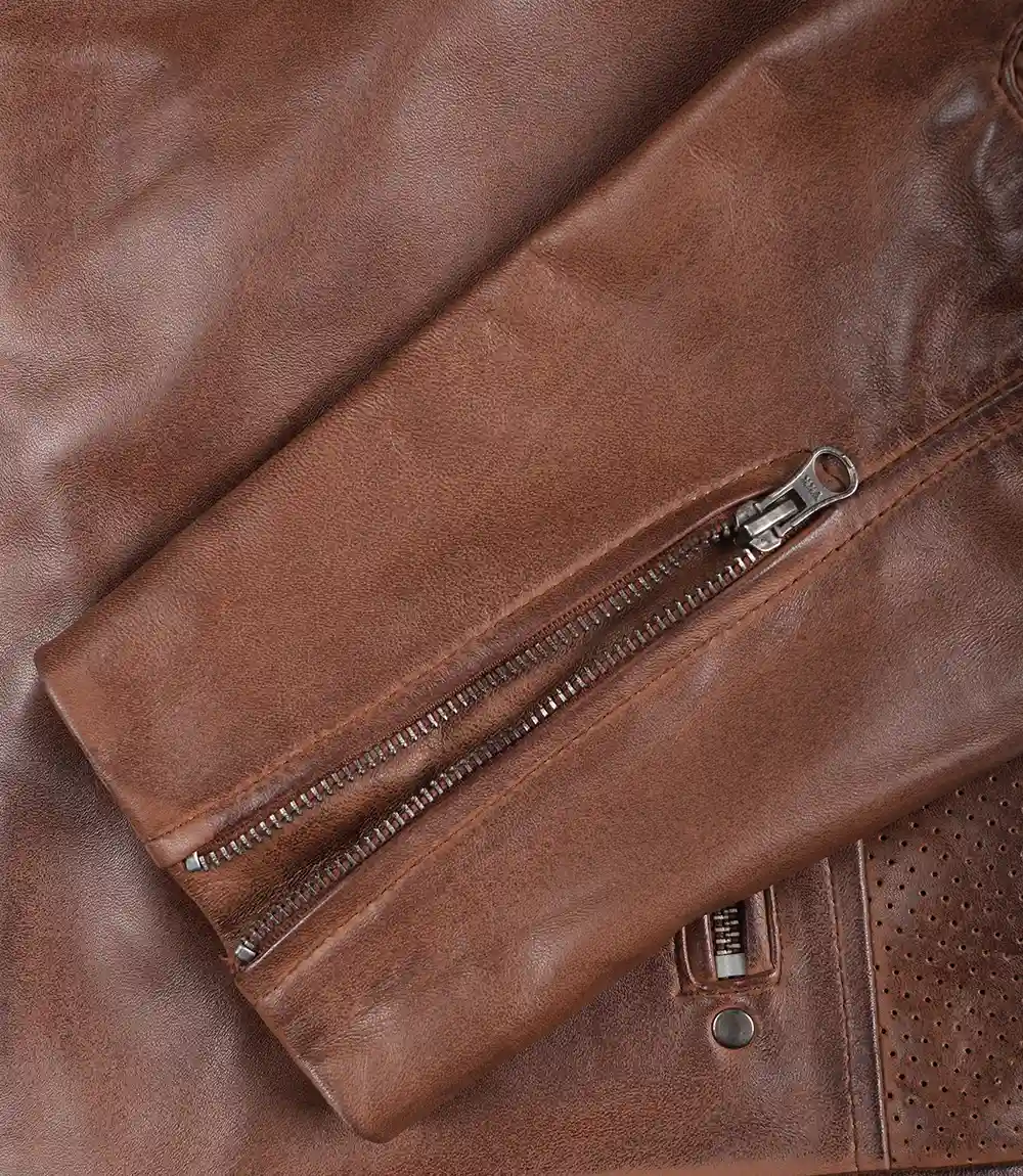 Austin Men's Cognac Waxed Biker Style Leather Jacket