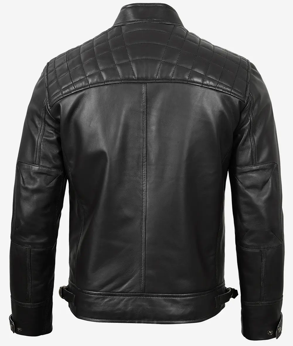 Men's Black Biker Style Leather Jacket - Quilted Shoulder