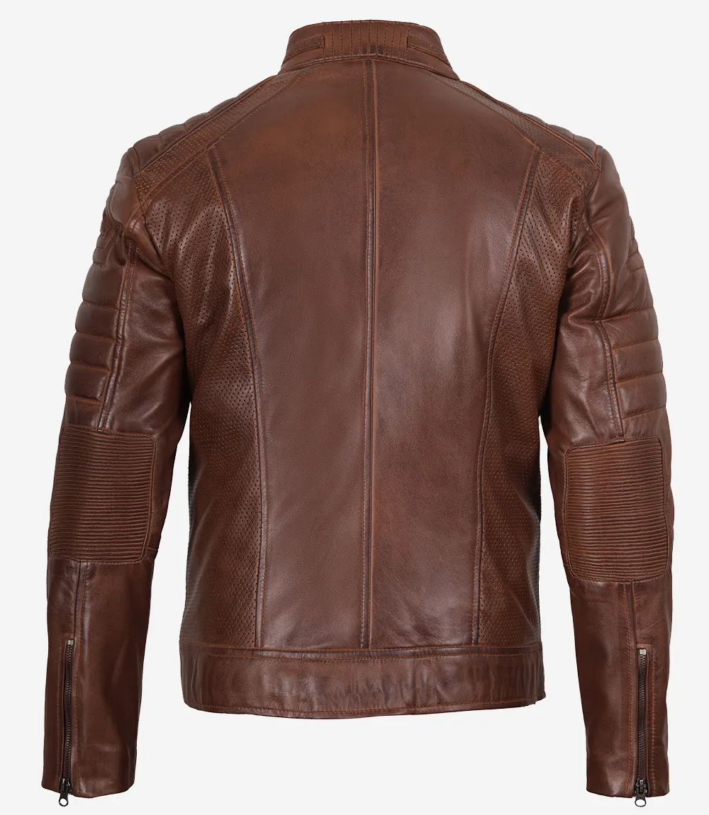 Austin Men's Cognac Waxed Biker Style Leather Jacket
