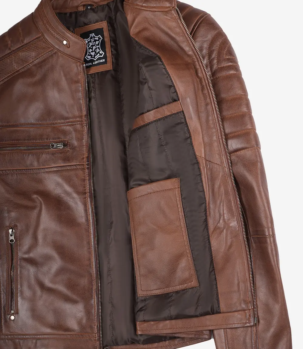 Austin Men's Cognac Waxed Biker Style Leather Jacket