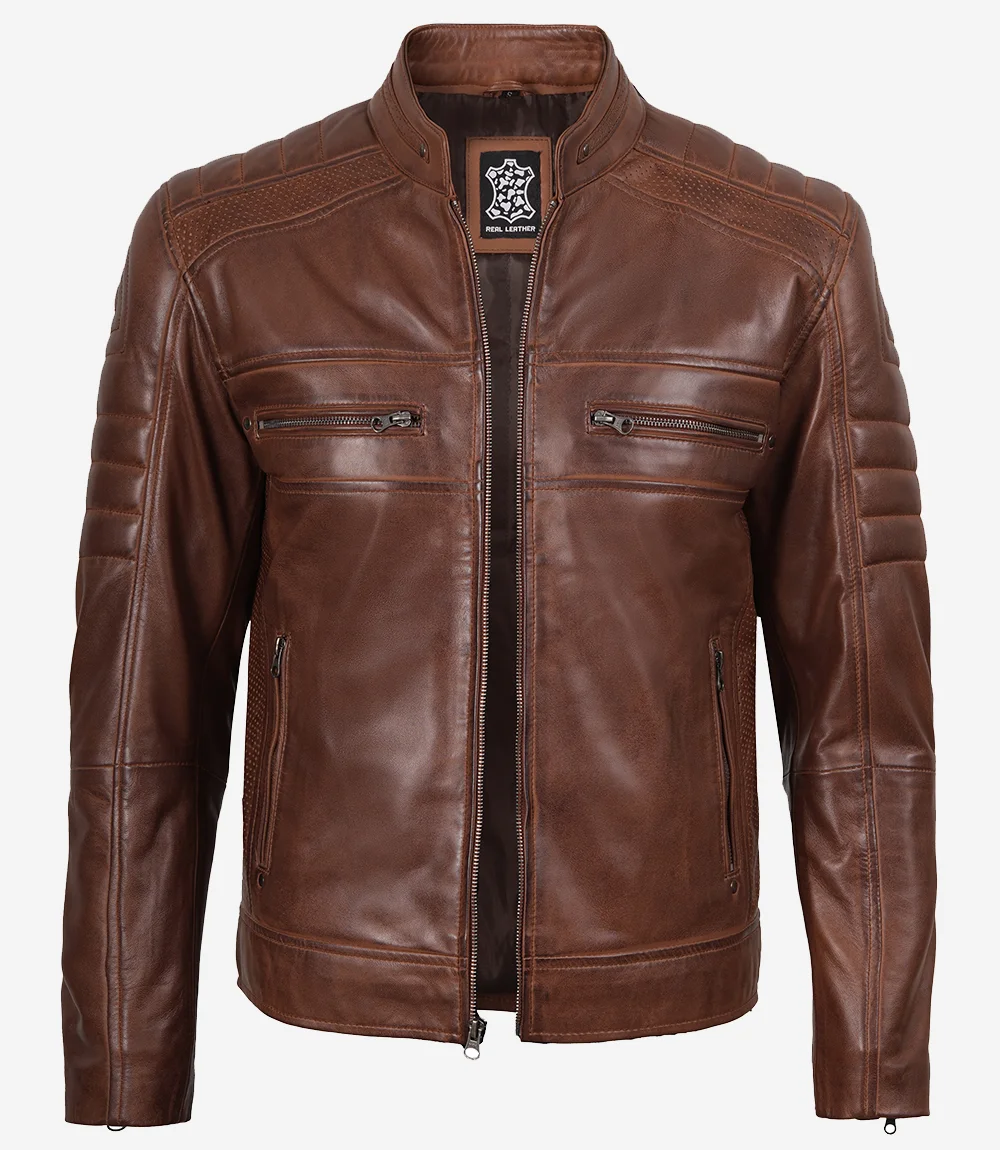 Austin Men's Cognac Waxed Biker Style Leather Jacket