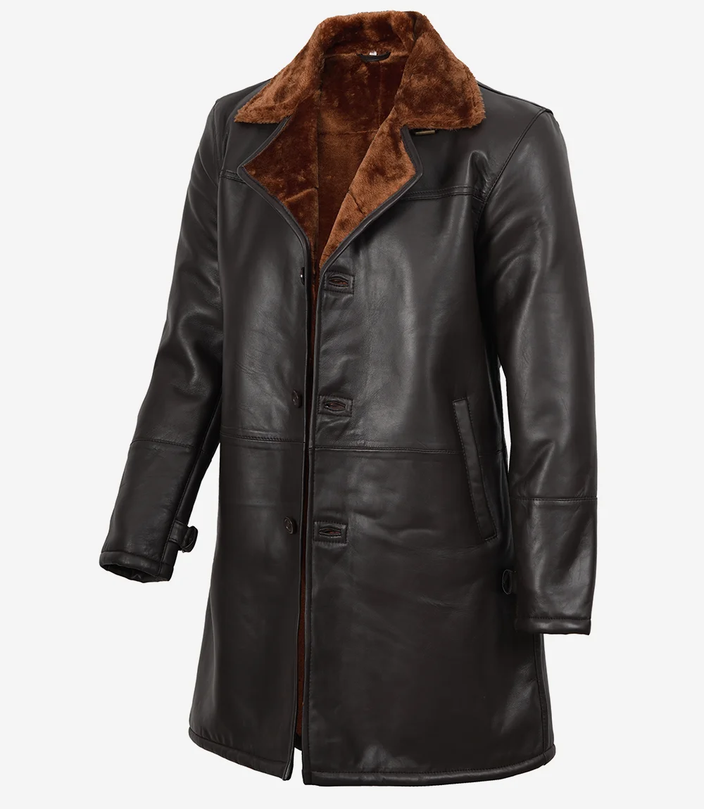 Mens Real Leather 3/4 Length Dark Brown Shearling Coat