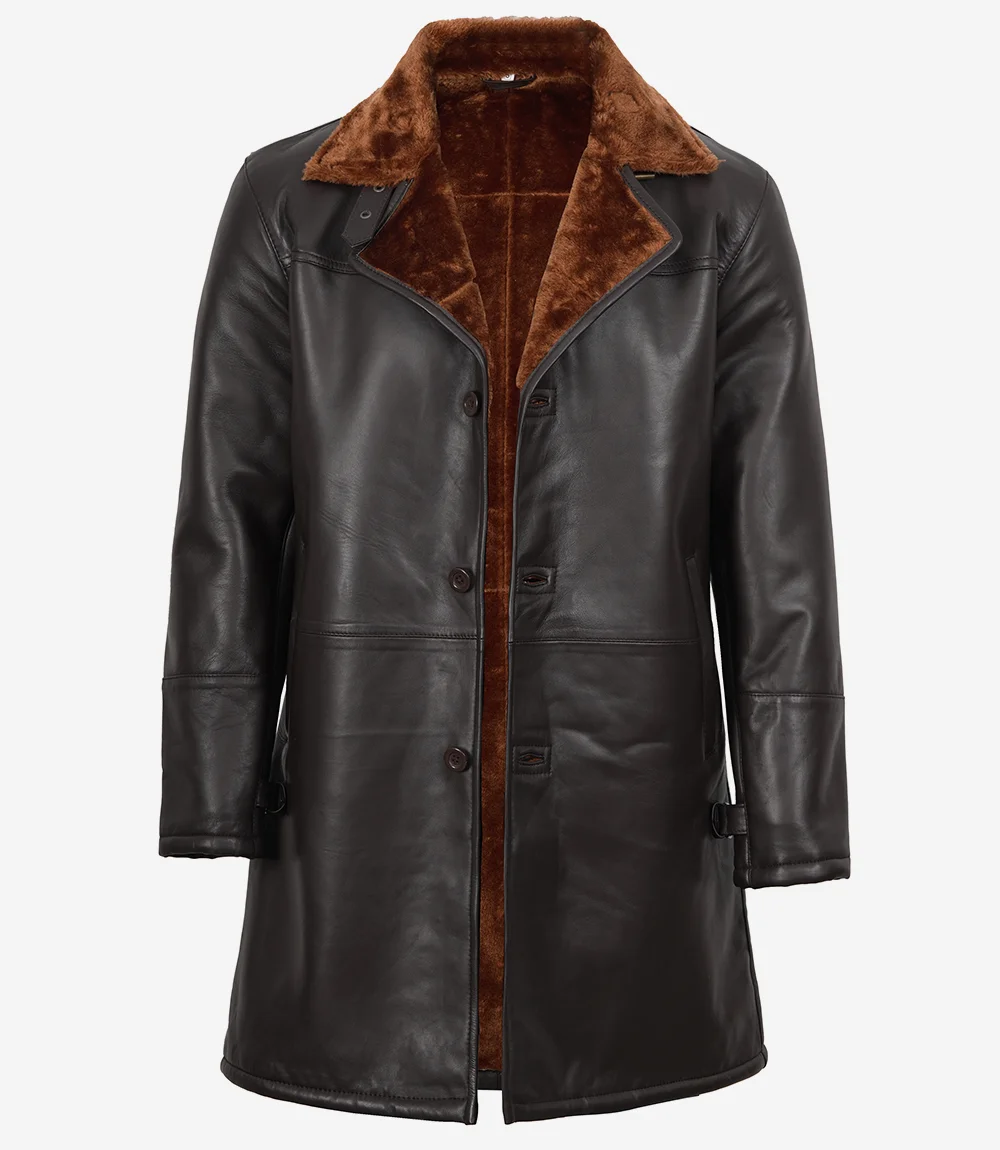 Mens Real Leather 3/4 Length Dark Brown Shearling Coat